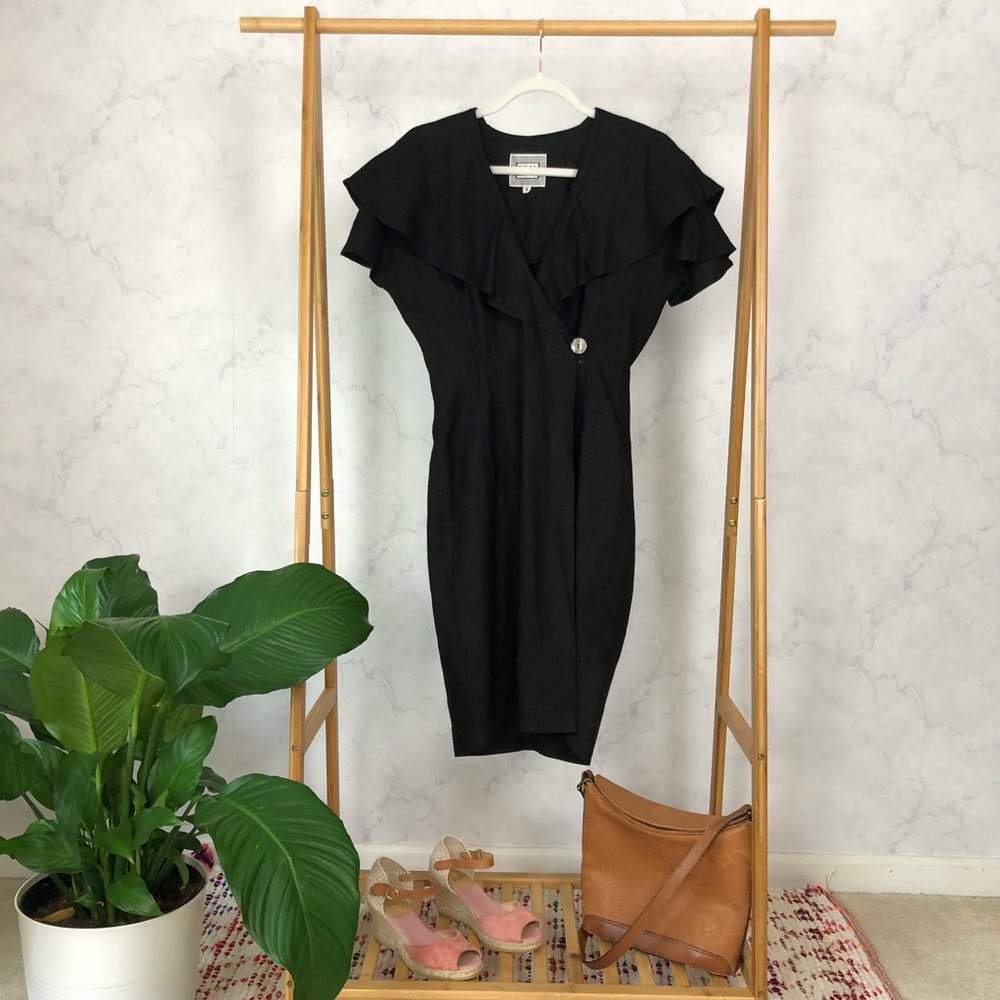Vintage 90s Black Ruffle Wrap Sheath Dress